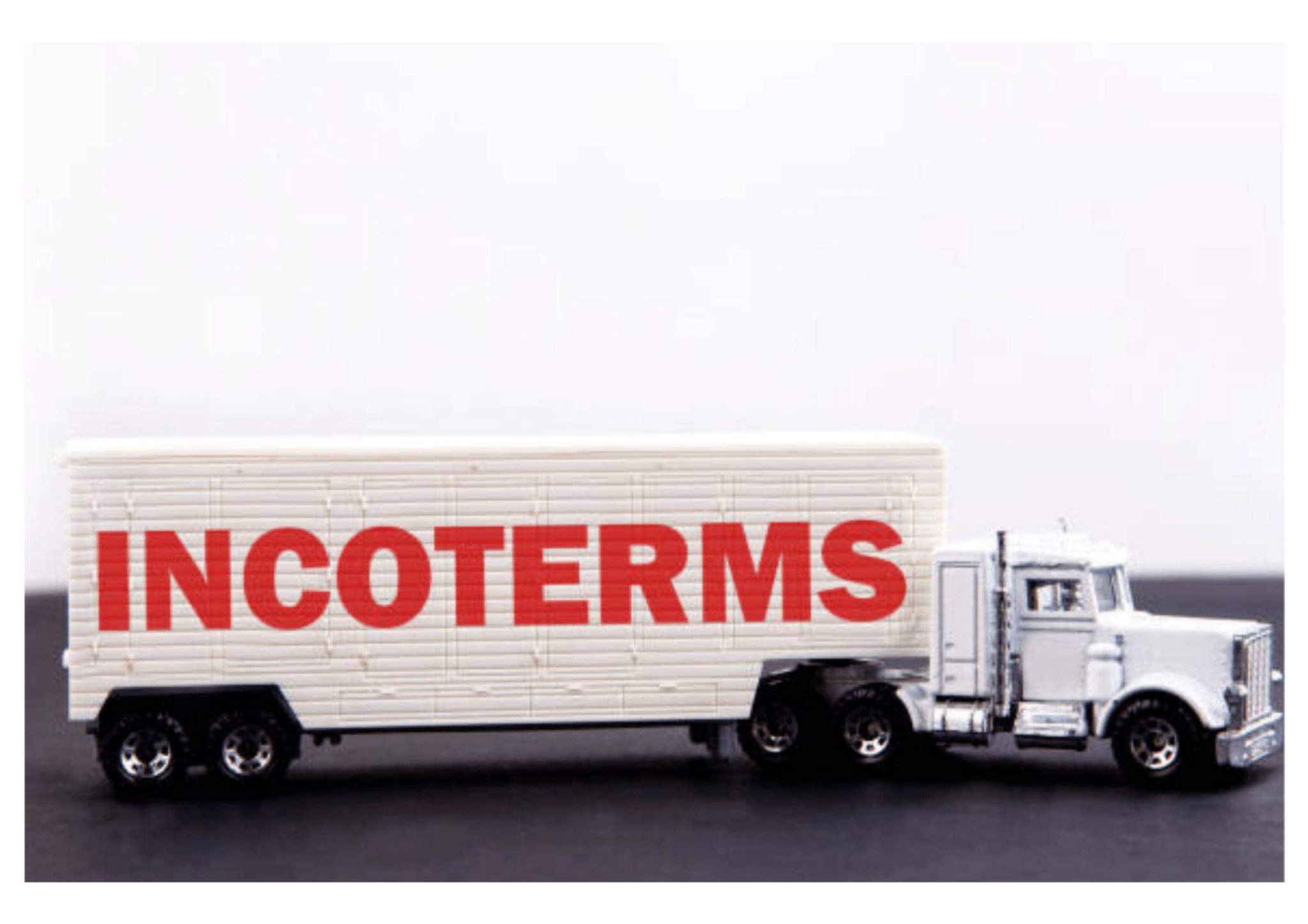maîtriser les incoterms camion poids lourd blanc avec écrit en gros et rouge "incoterms" sur la remorque